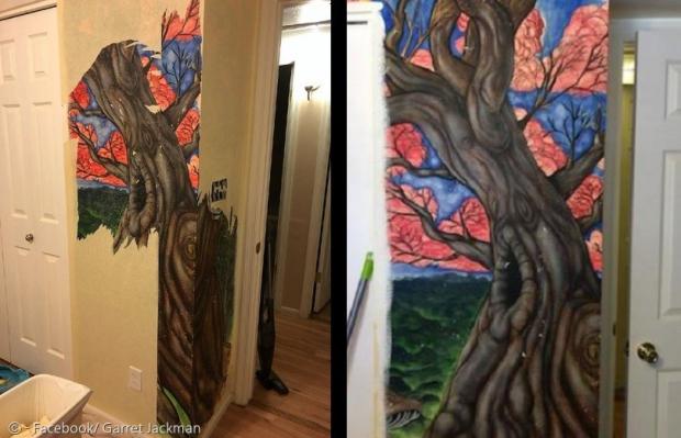 고양이 지퍼가 벽지를 할퀴어서 벽지 아래 벽화가 모습을 드러냈다. (왼쪽 사진) 벽지를 완전히 제거하자 나무 벽화가 나타났다. (오른쪽 사진)