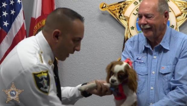 카민 마르세노 리 카운티 보안관(왼쪽)이 강아지 거너를 명예 보안견으로 임명했다. 거너는 보호자 리처드 윌뱅크스가 보는 앞에서 선서했다. [출처: Facebook/ sheriffleefl]