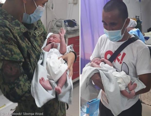 후넬 푸엔테스 헤비야(오른쪽 사진)는 아기를 안고 병원에 데려갔다. 그 후 경찰(왼쪽)이 아기를 맡아서 복지 당국의 보호를 받게 했다.