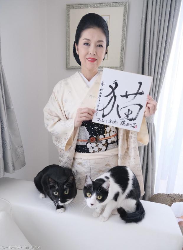 가수 후지 아야코와 마루, 오레오. 집사인 그녀는 2020년에 이어 2021년 올해의 한자로 고양이 묘자를 선택했다.