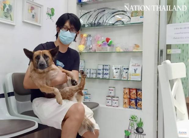 쿠키를 안고 있는 아빠 쿤 지라폰. 쿠키는 동물병원에서 다친 발을 치료했다. [출처: 태국 영자지 네이션 유튜브 영상 갈무리]
