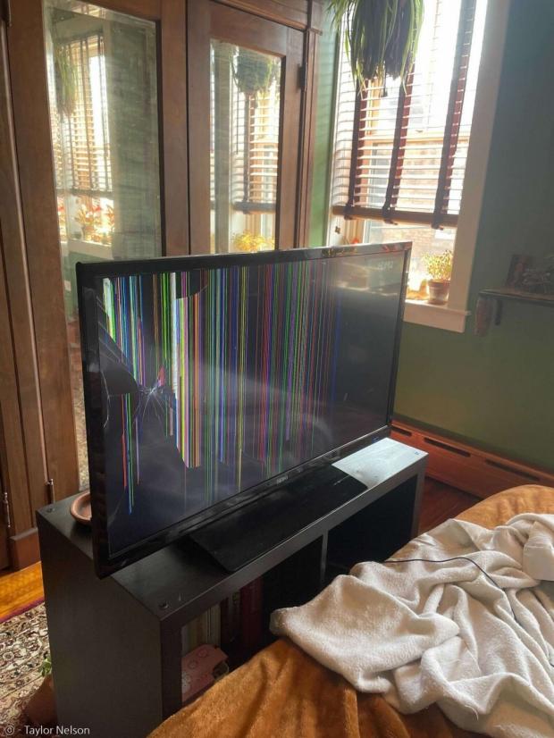 TV 화면에 금이 가서, 새 TV를 살 수밖에 없었다. 침대 발치에 TV를 세워둔 집사의 잘못이다.