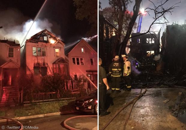 시카고 시 프린스턴 애비뉴 주택가 빈집에서 화재가 발생해, 인근 주택들이 전소되다시피 했다. 화재는 2시간여 만에 진화됐다. [출처: 시카고 소방서 트위터]