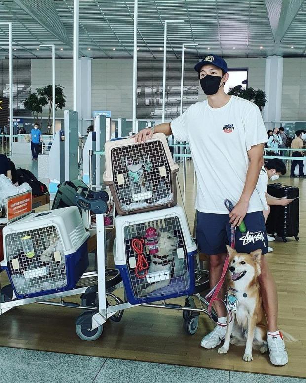 인천공항에서 강아지들과 함께 출국을 준비하는 이기우. 이기우 인스타그램. 