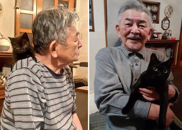 고양이 루루 덕분에 젊어진 아빠. 왼쪽 사진이 작년 3월이고, 오른쪽 사진이 최근 사진이다. [출처: Twitter/ turi2018]
