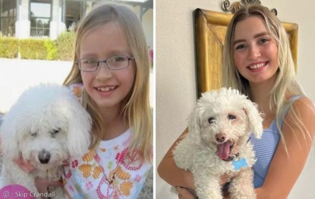 이제 성인이 된 딸 캘리 크랜덜이 미니언을 안고 있다. 왼쪽은 2011년 당시 사진이고, 오른쪽은 현재 사진이다. [출처: 스킵 크랜덜]