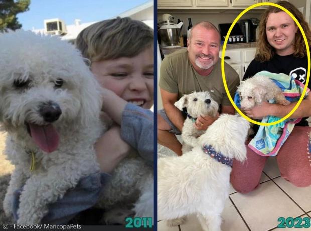 지난 2011년 스킵 크랜덜의 아들 체이스가 당시 3살 반려견 미니언을 안고 환하게 웃었다.(왼쪽 사진) 2023년 15살이 된 미니언(노란 원)을 다시 품에 안은 체이스. [출처: 마리코파 카운티 동물 당국의 페이스북]